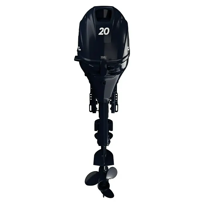 Tohatsu Außenbordmotor MFS 20E EPS - 14,71 kW, Fernsteuerung, Kurzschaft, Elektrostart - Nahaufnahme eines 20 PS starken Außenbordmotors, der ein schlankes, dunkelblaues Design und eine dreiblättrige Schiffsschraube aufweist.