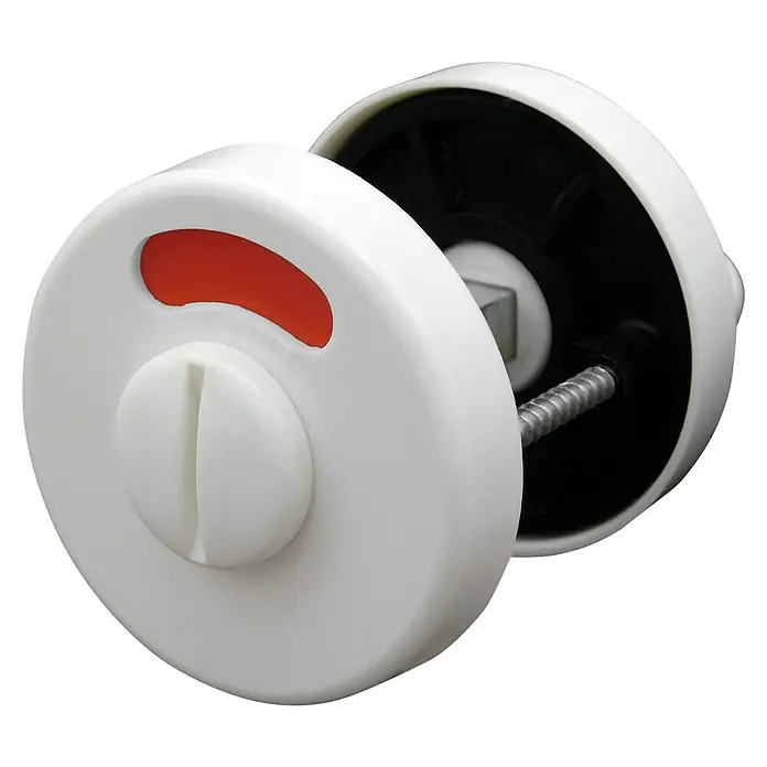 Portaferm Schlüsselschild WC - Durchmesser Rosette: 55 mm, Schlitzkopf/Olive, Weiß - Diese Aufnahme zeigt einen Toilettenriegel mit roter Anzeige. Der Drehknopf ist weiß und weist einen Schlitz auf.