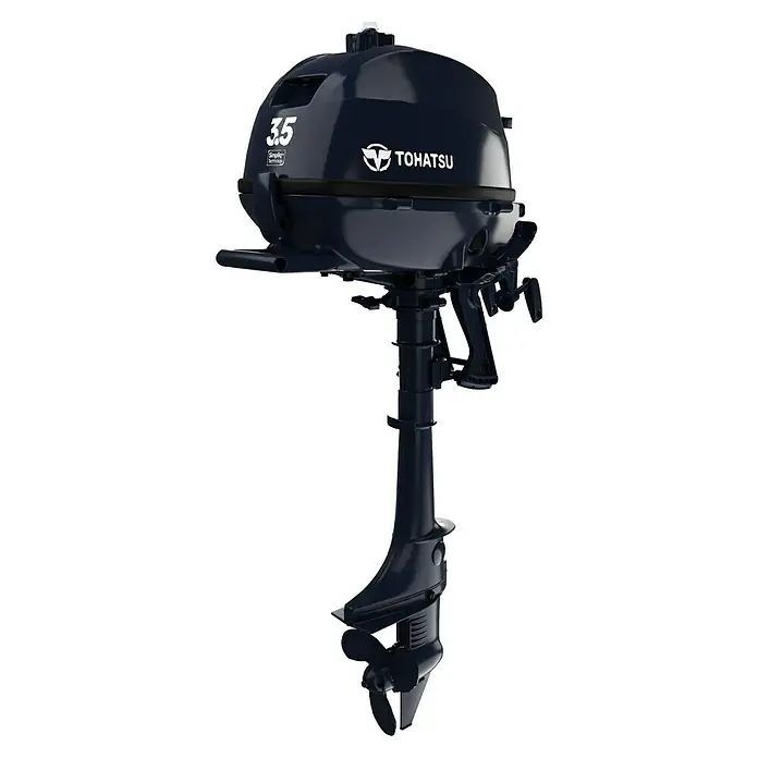 Tohatsu Außenbordmotor MFS 3,5 CS - 2,6 kW, Pinnensteuerung, Kurzschaft, Seilzug - Eine Nahaufnahme eines Tohatsu 3.5 PS Außenbordmotors in Marineblau, der für kleine Boote geeignet ist.