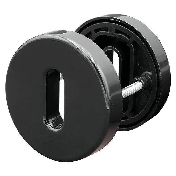 Portaferm Schlüsselschild - Durchmesser Rosette: 55 mm, Buntbart, Schwarz - Nahaufnahme eines schwarzen Toilettenpapierrollenhalters mit Schraube und kreisförmiger Abdeckung.