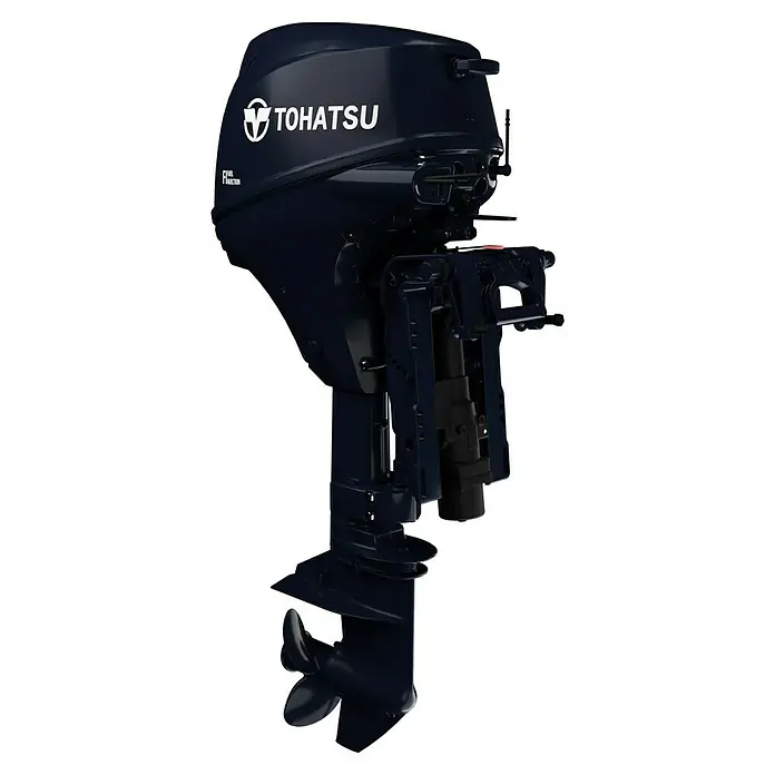Tohatsu Außenbordmotor MFS 20E EPS - 14,71 kW, Fernsteuerung, Kurzschaft, Elektrostart - Eine Nahaufnahme eines Tohatsu Außenbordmotors in dunklem Blau, der das Logo und die Bauweise hervorhebt. Ideal für Boote.