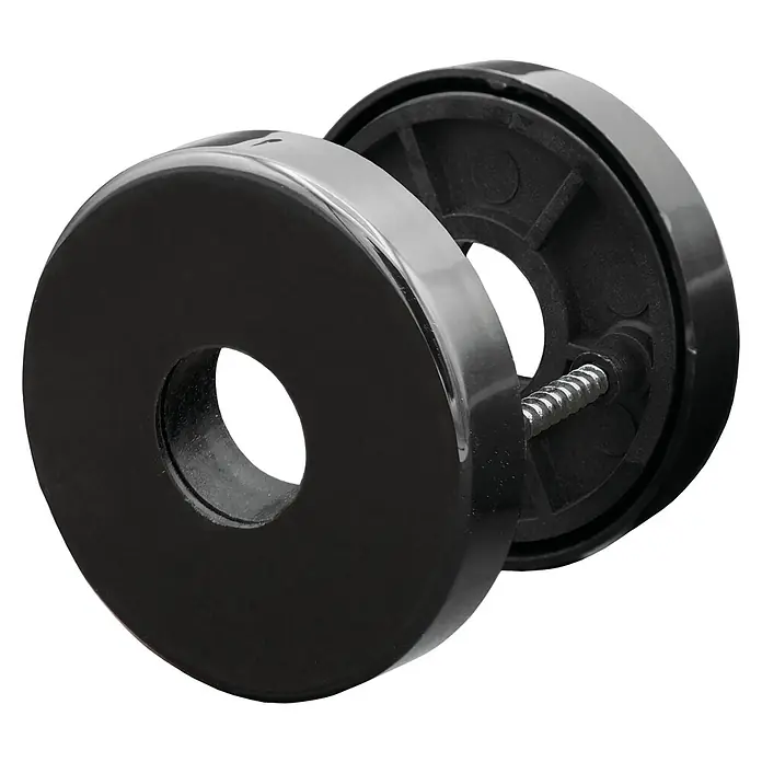 Portaferm Drückerrosette - Durchmesser Rosette: 55 mm, Schwarz - Nahaufnahme eines glänzenden schwarzen Türknaufs mit einem Gewindeanschluss, der ein elegantes und funktionales Design aufweist.