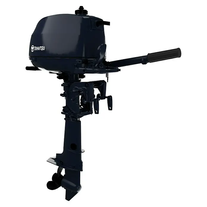 Tohatsu Außenbordmotor MFS 6 DDL - 4,4 kW, Pinnensteuerung, Langschaft, Seilzug - Detailliertes Bild eines Tohatsu Außenbordmotors, der für seine Zuverlässigkeit und Leistung beim Bootsfahren bekannt ist.