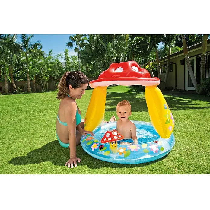Intex Piscina hinchable Champiñón - Ø x Al: 102 x 89 cm, Multicolor - Bonita piscina infantil con protección solar en forma de hongo, ideal para bebés y niños pequeños en el jardín con madre e hijo.