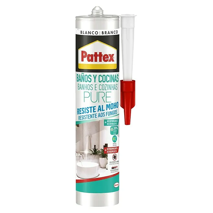 Pattex Silicona para sanitarios y cocinas Pure - Blanco, 280 ml - Pattex Pure sellador para baños y cocinas en blanco, ofrece resistencia al moho, ideal para ambientes húmedos, alta resistencia y larga durabilidad.