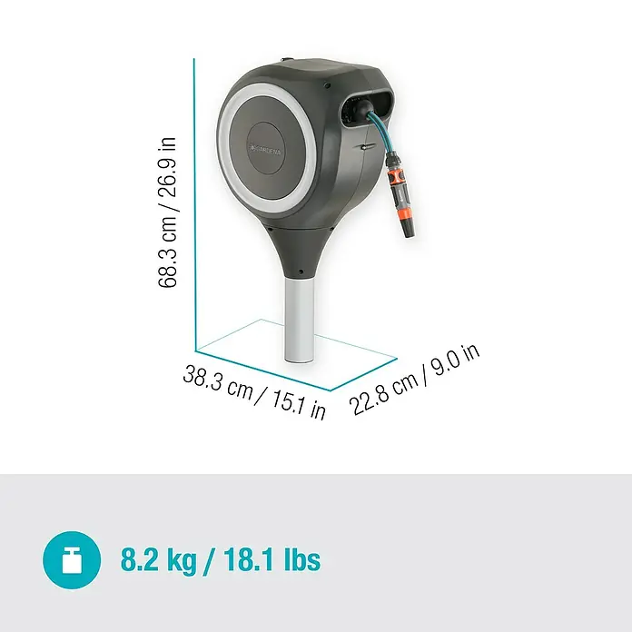 Gardena Schlauchbox RollUp S - Schlauchlänge: 15 m - Abbildung einer Gardena Wand-Schlauchbox mit den Maßen 68,3 cm Höhe, 38,3 cm Breite, 22,8 cm Tiefe und einem Gewicht von 8,2 kg.