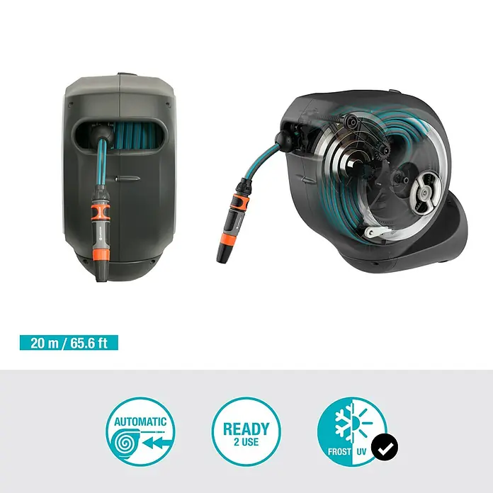 Gardena Wand-Schlauchbox RollUp M - Schlauchlänge: 20 m - Das Bild zeigt die Gardena Wand-Schlauchbox 20 roll-up automatic Li – eine praktische Lösung für die Gartenbewässerung mit automatischem Aufrollmechanismus.
