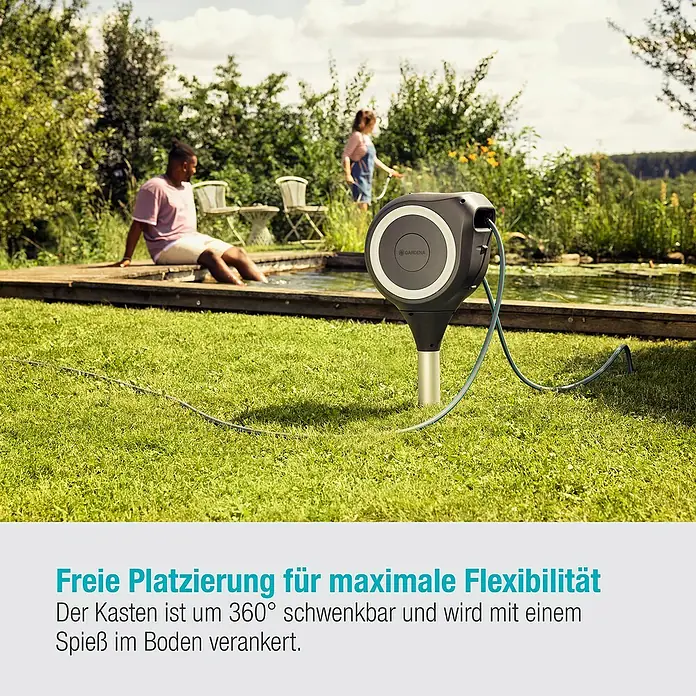 Gardena Schlauchbox RollUp M - Schlauchlänge: 20 m - Flexibel platzierbare Gardena Schlauchbox für maximale Gartenbewässerung. Praktisch, schwenkbar und einfach im Boden zu verankern.