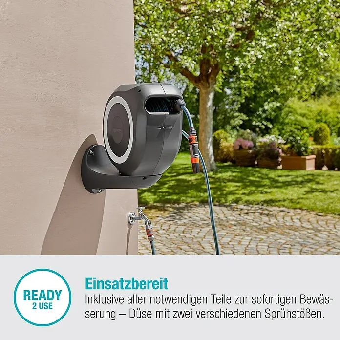 Gardena Wand-Schlauchbox RollUp M - Schlauchlänge: 20 m - Wand-Schlauchbox mit Schlauch und Düse, bereit für die Gartenbewässerung. Inklusive aller notwendigen Teile.