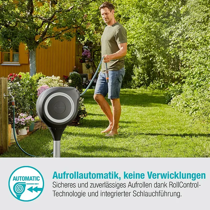 Gardena Schlauchbox RollUp M - Schlauchlänge: 20 m - Der Gardena Wand-Schlauchbox RollUp automatic mit automatischer Aufrollfunktion für eine komfortable Gartenbewässerung.