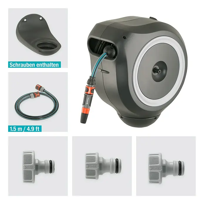 Gardena Wand-Schlauchbox RollUp M - Schlauchlänge: 20 m - Das Gardena Roll-up Automatik Schlauchbox-Set mit Zubehör für eine einfache und komfortable Gartenbewässerung.