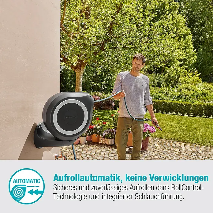 Gardena Wand-Schlauchbox RollUp M - Schlauchlänge: 20 m - Der Gardena Schlauchaufroller mit automatischer Aufrollfunktion und Anti-Verwicklungs-Technologie für eine einfache Gartenbewässerung.