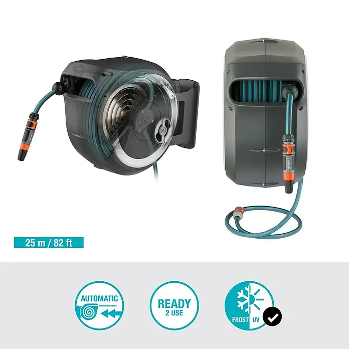 Gardena Wand-Schlauchbox RollUp M/L - Schlauchlänge: 25 m - Gardena RollUp Schlauchbox mit automatischem Aufroller, bereit für den sofortigen Einsatz und frostsicher.