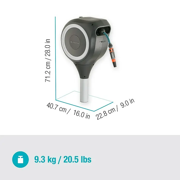 Gardena Schlauchbox RollUp M - Schlauchlänge: 20 m - Abbildung eines Gardena-Schlauchs mit Abmessungen (71,2 cm Höhe, 40,7 cm Breite, 22,8 cm Tiefe) und Gewicht (9,3 kg).