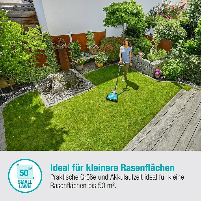 Gardena Power for All 18V Akku-Rasenmäher - 18 V, Ohne Akku, 2,5 Ah, Schnittbreite: 22 cm - Rasenmäher im Einsatz: Ideal für kleine Rasenflächen bis 50 m². Kompakte Größe und Akkulaufzeit machen ihn perfekt für den Garten.