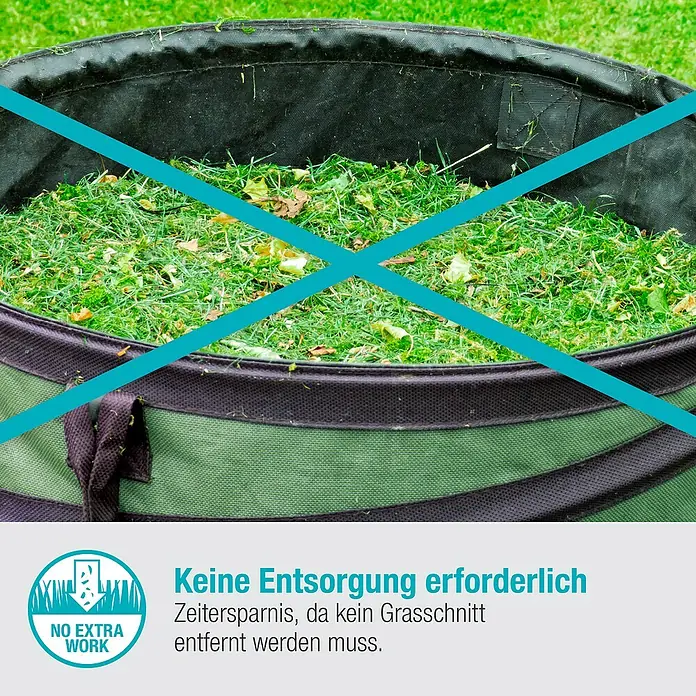 Gardena Power for All 18V Akku-Rasenmäher - 18 V, Ohne Akku, 2,5 Ah, Schnittbreite: 22 cm - Eine Gartentonne gefüllt mit Grasschnitt, beworben mit dem Slogan "Keine Entsorgung erforderlich".