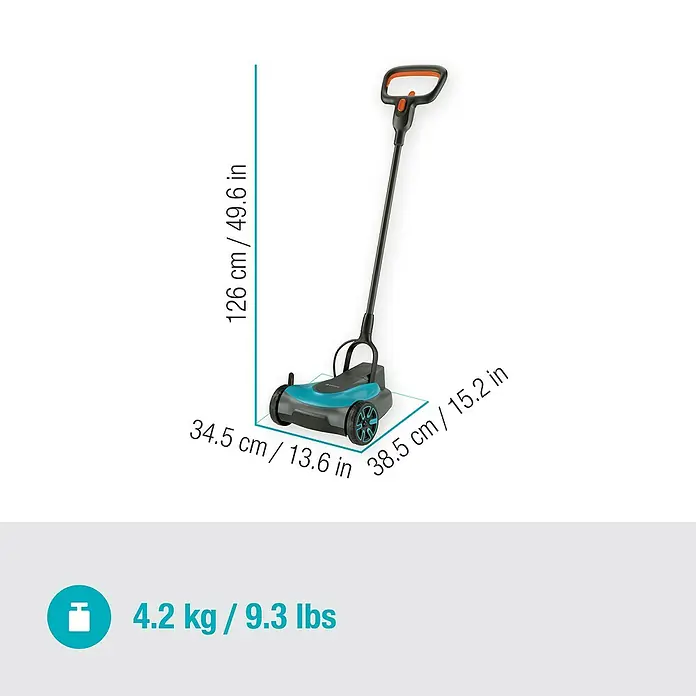 Gardena Power for All 18V Akku-Rasenmäher - 18 V, Ohne Akku, 2,5 Ah, Schnittbreite: 22 cm - Abbildung eines Gardena Akku-Rasentrimmers mit Angabe der Abmessungen und des Gewichts.