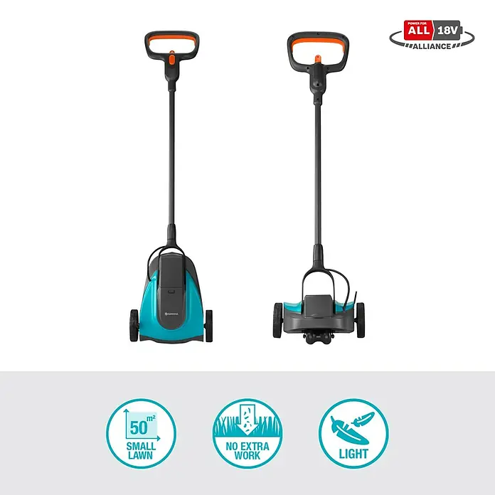 Gardena Power for All 18V Akku-Rasenmäher - 18 V, 1 Akku, 2,5 Ah, Schnittbreite: 22 cm - Das Bild zeigt den Gardena Akku-Fugenschneider AccuCut 18V im Detail. Er ist ideal für die Pflege von Rasenkanten und kleinen Flächen.