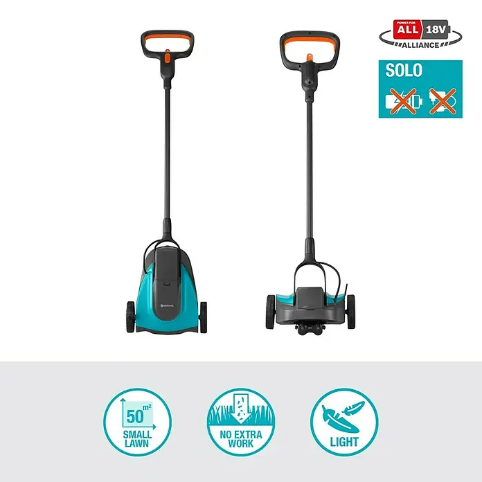 Gardena Power for All 18V Akku-Rasenmäher - 18 V, Ohne Akku, 2,5 Ah, Schnittbreite: 22 cm - Abbildung des Gardena Akku-Kehrers EasyClean Li: leicht, akkubetrieben, ideal für kleine Flächen bis 50 m² und ermöglicht mühelose Reinigung ohne zusätzliche Arbeit.