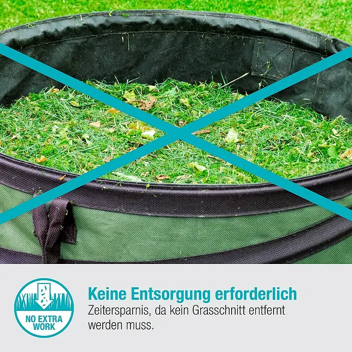 Gardena Power for All 18V Akku-Rasenmäher - 18 V, 1 Akku, 2,5 Ah, Schnittbreite: 22 cm - Eine grüne Gartentonne gefüllt mit Grasschnitt, die keine Entsorgung erfordert und Zeit spart.