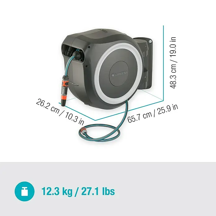 Gardena Wand-Schlauchbox RollUp L - Schlauchlänge: 30 m - Abmessungen und Gewicht der Gardena Wand-Schlauchbox, die eine einfache und bequeme Gartenbewässerung ermöglicht.