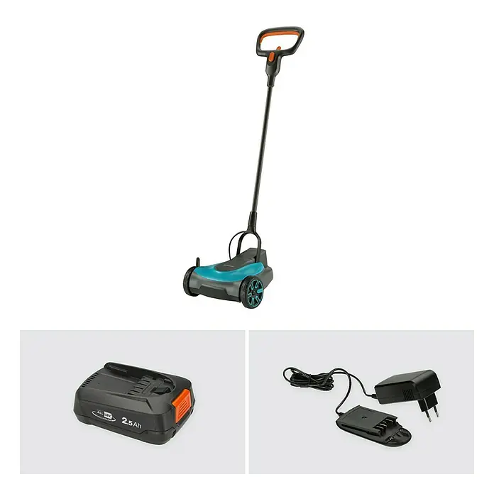 Gardena Power for All 18V Akku-Rasenmäher - 18 V, 1 Akku, 2,5 Ah, Schnittbreite: 22 cm - Das Bild zeigt einen Gardena Akku-Rasenkantenschneider mit Akku und Ladegerät für präzise Rasenkanten.