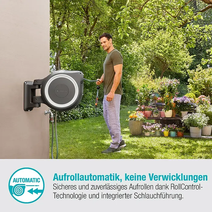 Gardena Wand-Schlauchbox RollUp XL - Schlauchlänge: 35 m - Automatische Schlauchbox von Gardena mit RollControl-Technologie für ein sicheres und zuverlässiges Aufrollen ohne Verwicklungen.