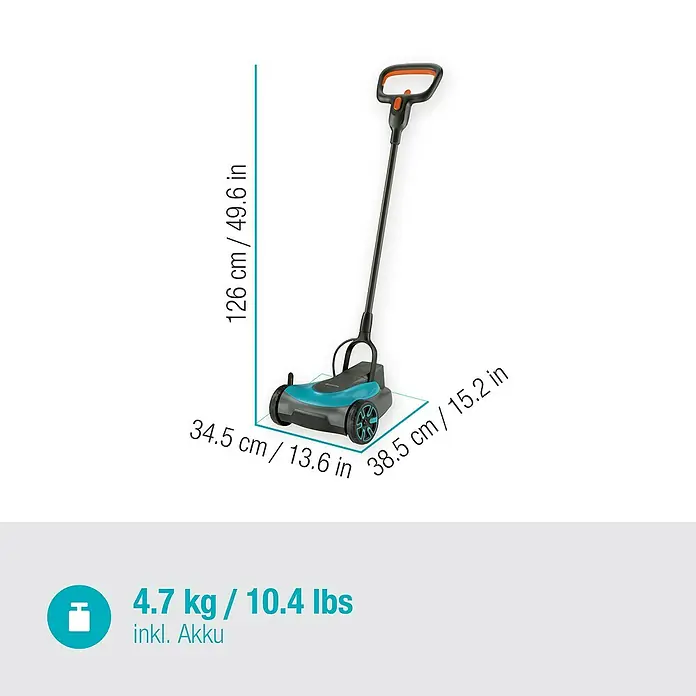 Gardena Power for All 18V Akku-Rasenmäher - 18 V, 1 Akku, 2,5 Ah, Schnittbreite: 22 cm - Abbildung eines Gardena Akku-Spindelmäher 380 mit Größenangaben und Gewichtsangabe.