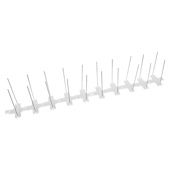 Altadex Sistema antipalomas - Largo: 200 cm, Acero - Primer plano de una hilera de púas de plástico para pájaros con puntas metálicas, diseñadas como elemento de disuasión para aves.
