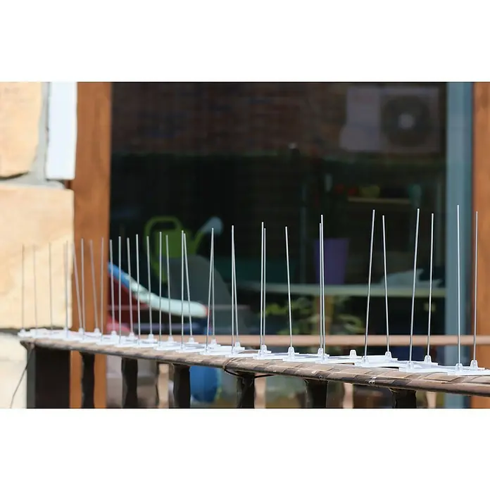 Altadex Sistema antipalomas - Largo: 200 cm, Acero - Primer plano de púas antipalomas montadas en una barandilla, diseñadas para disuadir a las aves y mantener limpios los edificios.