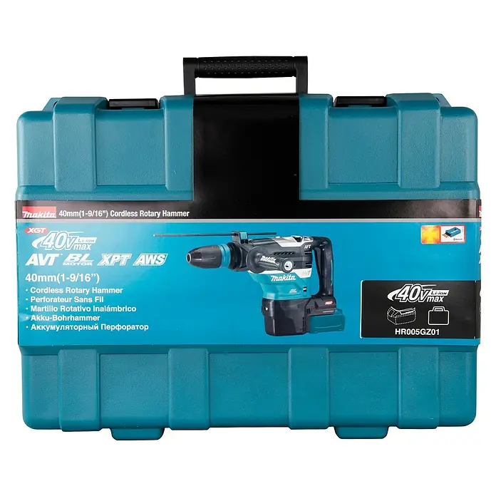 Makita XGT 40V max. Akku-Kombihammer HR005GZ01 - 8 J, 40 V, Ohne Akku - Abbildung einer Makita 40mm(1-9/16") Akku-Rotationshammer-Box, die das Werkzeug und seine Leistungsfähigkeit hervorhebt.