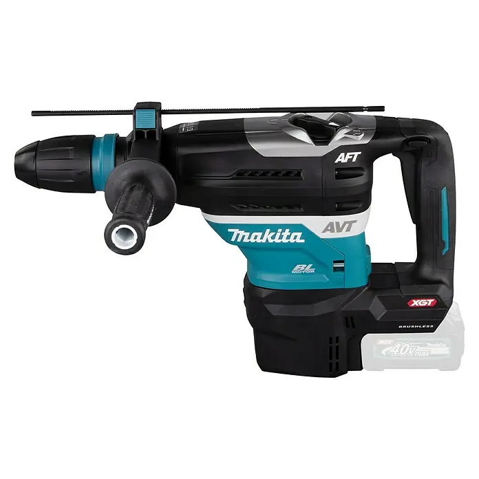 Makita XGT 40V max. Akku-Kombihammer HR005GZ01 - 8 J, 40 V, Ohne Akku - Eine Makita Akku-Bohrmaschine mit blaugrünen und schwarzen Farbakzenten und einem XGT-Akku.