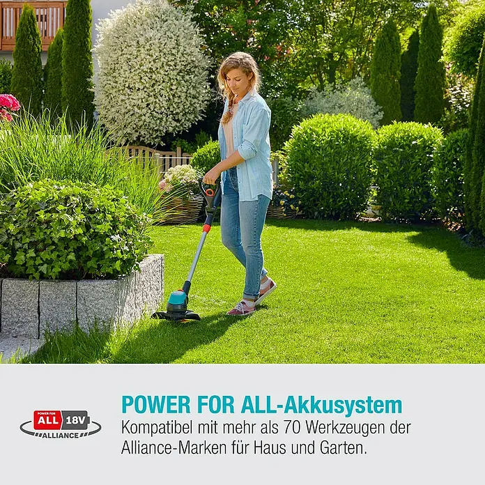Gardena Power for All 18V Akku-Rasentrimmer EasyCut - 18 V, Li-Ionen, Ohne Akku, Schnittbreite Messer: 23 cm - Eine Frau benutzt einen Akku-Rasentrimmer im Garten. Das Gerät ist Teil des POWER FOR ALL-Akkusystems.