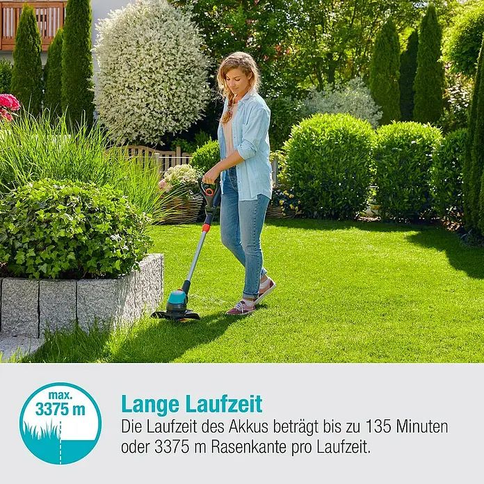 Gardena Power for All 18V Akku-Rasentrimmer EasyCut - 18 V, Li-Ionen, Ohne Akku, Schnittbreite Messer: 23 cm - Eine Frau trimmt den Rasen mit einem Gardena Rasentrimmer. Lange Akkulaufzeit für effizientes Arbeiten im Garten.