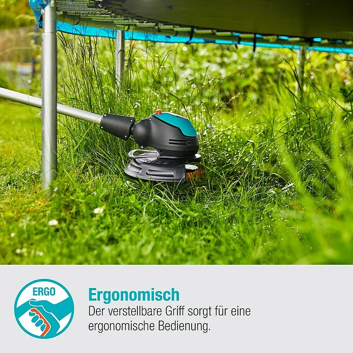 Gardena Power for All 18V Akku-Rasentrimmer EasyCut - 18 V, Li-Ionen, Ohne Akku, Schnittbreite Messer: 23 cm - Nahaufnahme eines Gardena Trimmers, der unter einem Trampolin Gras schneidet, mit Fokus auf Ergonomie und Benutzerfreundlichkeit.