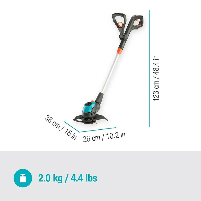 Gardena Power for All 18V Akku-Rasentrimmer EasyCut - 18 V, Li-Ionen, Ohne Akku, Schnittbreite Messer: 23 cm - Abbildung eines Gardena Akku-Rasentrimmers mit Maßangaben zu Länge, Breite und Gewicht.