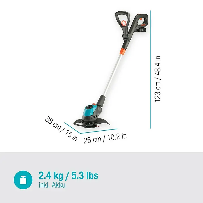 Gardena Power for All 18V Recortabordes de batería EasyCut 23/18V - 18 V, 2 Ah, Iones de litio, 1 batería, Ancho de corte cuchilla: 23 cm - Imagen de un cortacésped inalámbrico GARDENA con especificaciones de tamaño.