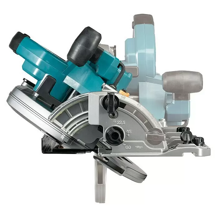 Makita XGT 40V max. Akku-Handkreissäge HS009GZ - 40 V, Ohne Akku - Türkisfarbene und silberne Kreissäge zeigt ihren Gehrungswinkel-Einstellmechanismus mit Markierungen für verschiedene Schnittwinkel (0-60).
