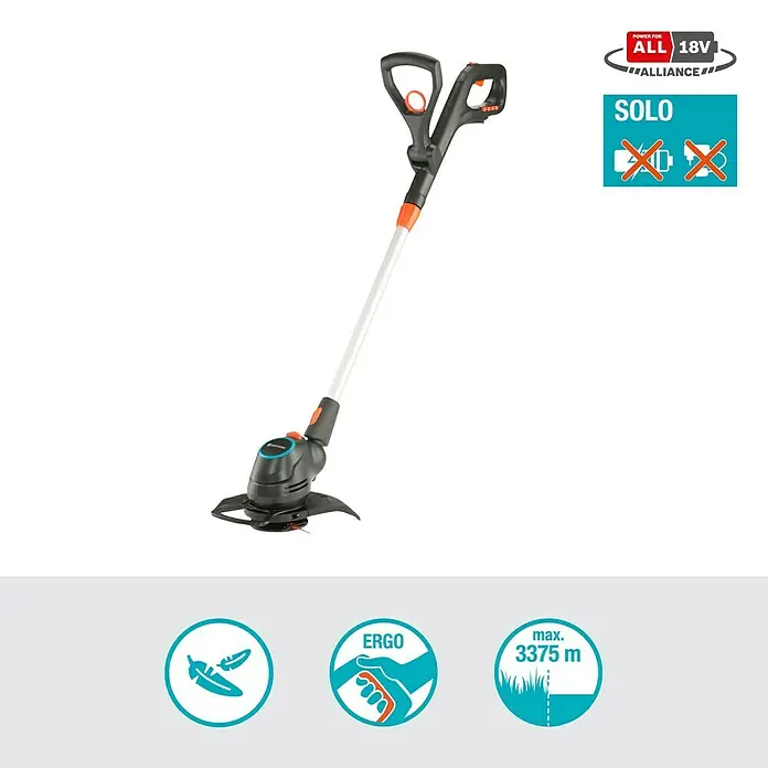 Gardena Power for All 18V Akku-Rasentrimmer ComfortCut - 18 V, Li-Ionen, Ohne Akku, Schnittbreite Messer: 23 cm - Akkubetriebener Rasentrimmer SOLO mit verstellbarem Schneidkopf und ergonomischem Griff für komfortables Trimmen von Rasenkanten.