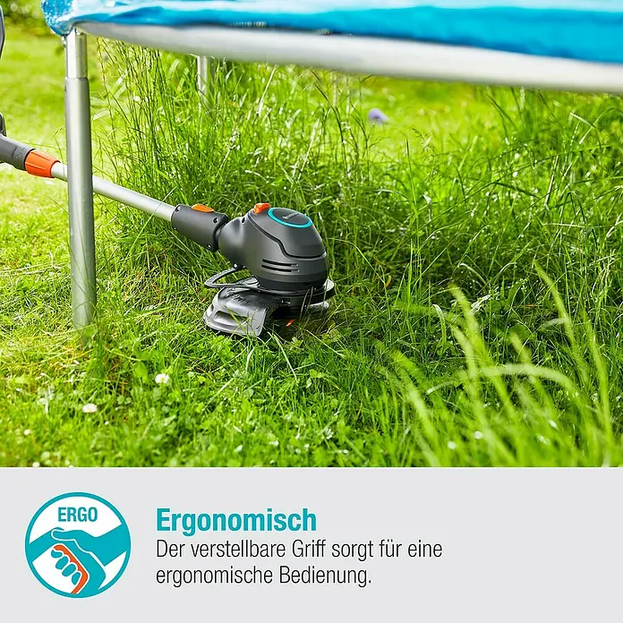 Gardena Power for All 18V Akku-Rasentrimmer ComfortCut - 18 V, Li-Ionen, Ohne Akku, Schnittbreite Messer: 23 cm - Bild einer Gardena Akku-Grasschere im Einsatz unter einem Trampolin.