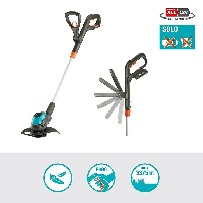 Gardena Power for All 18V Akku-Rasentrimmer EasyCut - 18 V, Li-Ionen, Ohne Akku, Schnittbreite Messer: 23 cm - Das Bild zeigt einen Gardena Akku-Trimmer mit verstellbarem Griff und verschiedenen Symbolen, die seine Eigenschaften hervorheben.