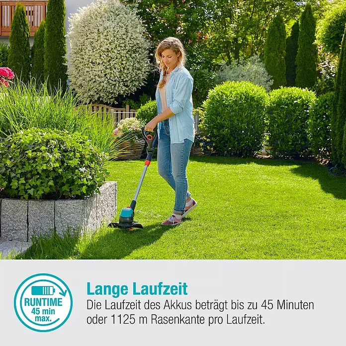 Gardena Power for All 18V Recortabordes de batería EasyCut 23/18V - 18 V, 2 Ah, Iones de litio, 1 batería, Ancho de corte cuchilla: 23 cm - Mujer cortando el césped con un recortabordes inalámbrico Gardena. Larga duración de la batería hasta 45 min.