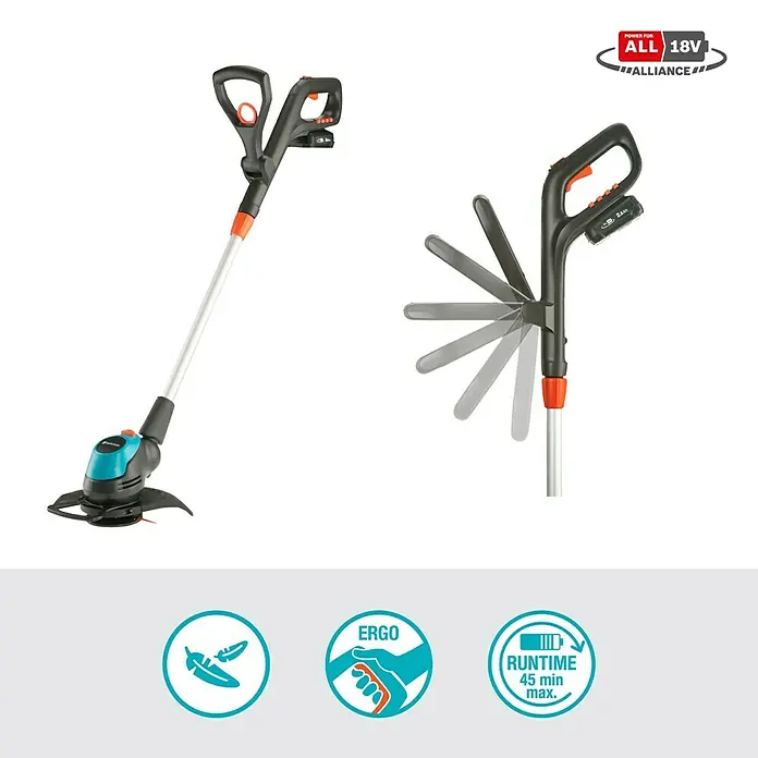 Gardena Power for All 18V Recortabordes de batería EasyCut 23/18V - 18 V, 2 Ah, Iones de litio, 1 batería, Ancho de corte cuchilla: 23 cm - La imagen muestra un cortabordes a batería Gardena con un cabezal ajustable para un recorte cómodo de los bordes del césped y las áreas de difícil acceso.