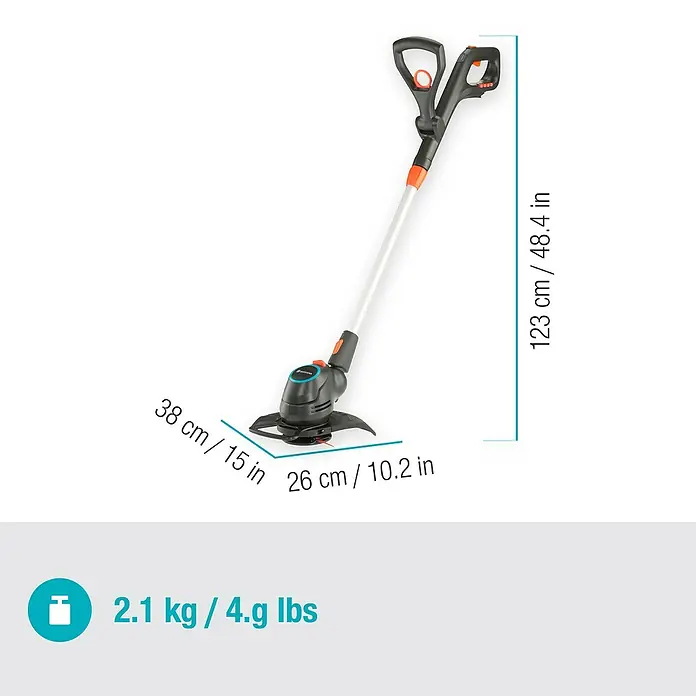 Gardena Power for All 18V Akku-Rasentrimmer ComfortCut - 18 V, Li-Ionen, Ohne Akku, Schnittbreite Messer: 23 cm - Abbildung eines Gardena Akku-Rasentrimmers mit Größenangaben und Gewichtsangabe.