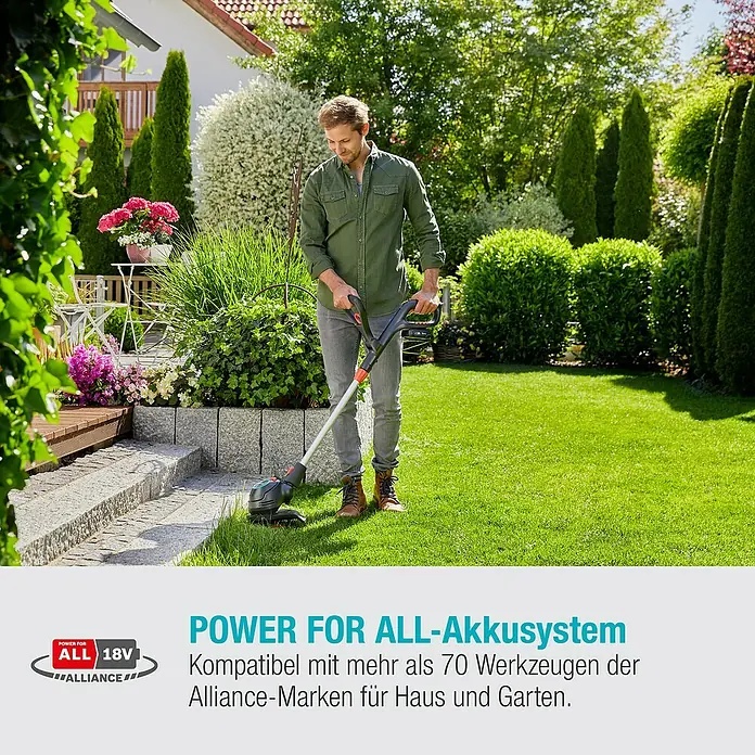 Gardena Power for All 18V Akku-Rasentrimmer ComfortCut - 18 V, Li-Ionen, Ohne Akku, Schnittbreite Messer: 23 cm - Ein Mann benutzt einen Rasentrimmer der Marke POWER FOR ALL, um den Rasen zu pflegen. Das Gerät ist mit über 70 Werkzeugen kompatibel.