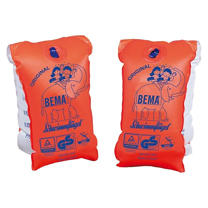 Bema Schwimmflügel Gr. 0 - Geeignet für: Kinder von 11 bis 30 kg - BEMA Schwimmflügel: Orangefarbene, aufblasbare Schwimmflügel für Kinder mit Elefantenmotiv, geprüft und zertifiziert für Sicherheit im Wasser.