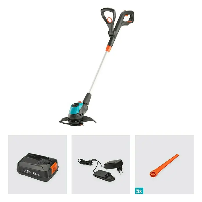 Gardena Power for All 18V Recortabordes de batería EasyCut 23/18V - 18 V, 2 Ah, Iones de litio, 1 batería, Ancho de corte cuchilla: 23 cm - Set de recortadora de césped inalámbrica con batería de 2.0 Ah, cargador y 5 cuchillas de repuesto para bordes y áreas pequeñas.