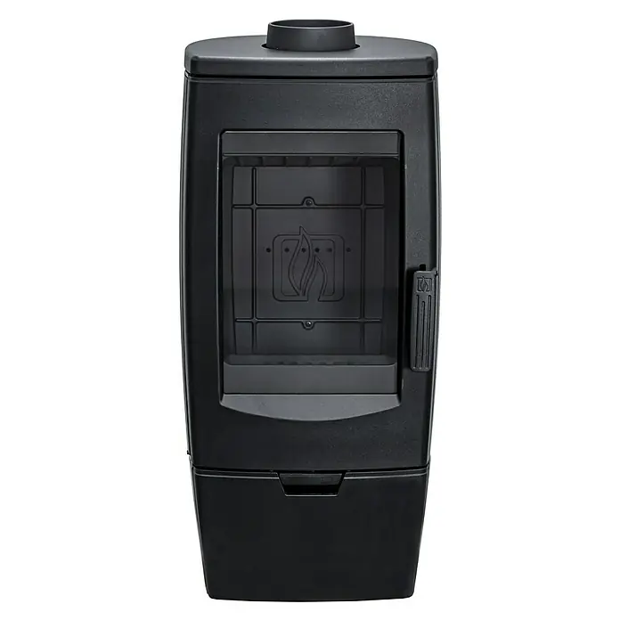 Estufa de leña Gala - 9,7 kW, Volumen de calefacción: 160 m³, Negro - Estufa de leña negra con motivo de fuego, ideal para un calor acogedor y un ambiente elegante en la sala de estar. Práctica y decorativa.