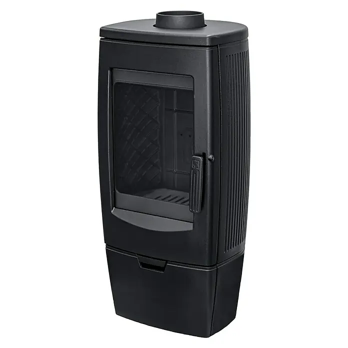 Estufa de leña Gala - 9,7 kW, Volumen de calefacción: 160 m³, Negro - Una imagen detallada de una estufa de pellets negra, ideal para calefacción. La estufa destaca por su diseño moderno y sus líneas limpias.