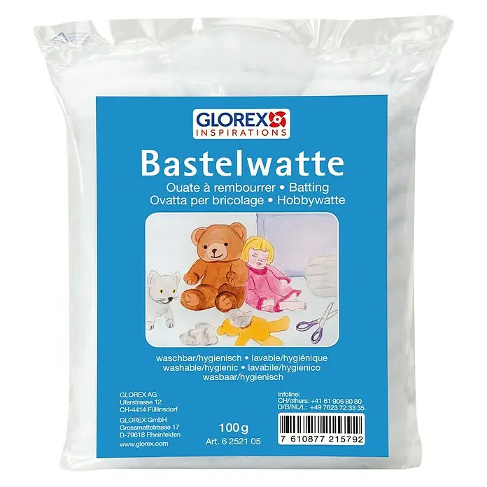 Glorex Bastelwatte - Weiß, 100 g - Bastelwatte von Glorex in einer 100g-Packung, ideal zum Basteln und Füllen von Stofftieren und Dekorationen. Waschbar und hygienisch.